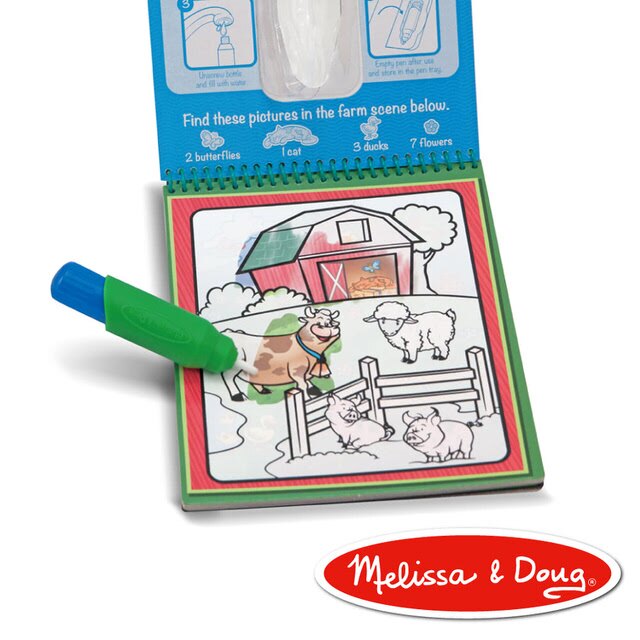 包含4頁不同動物圖案畫紙與一隻水畫筆， 只要在筆內加清水就能馬上使用，不擔心用髒手指及衣服，放心讓寶寶自由塗鴉；畫板紙特殊塗層設計，著色後會看見各種隱藏的驚奇圖案，搭配相對應場景，讓寶貝越畫越上癮，讓