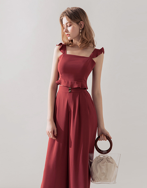 方領荷葉肩帶雪紡背心褲套裝