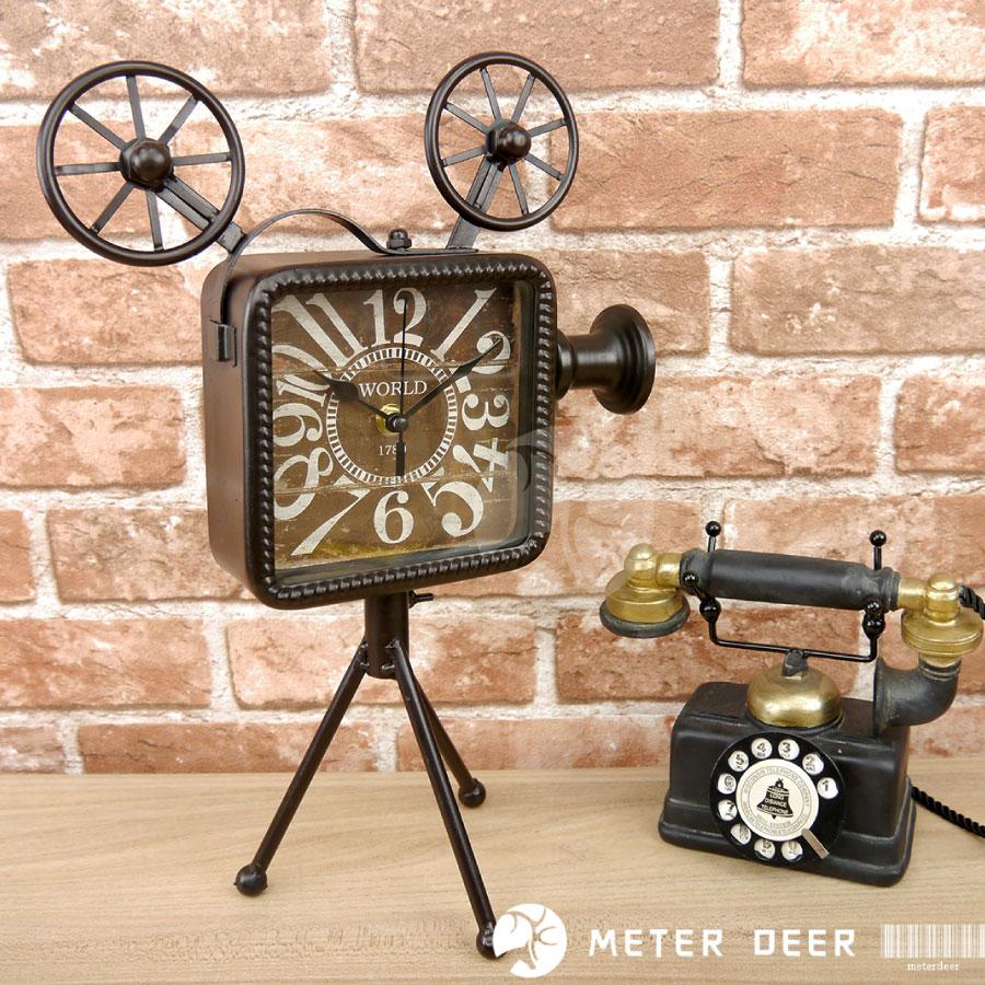 LOFT復古工業風時鐘 懷舊電影放映機造型 金屬鐵藝做舊個性靜音座鐘 店面空間櫥窗佈置展示擺飾裝飾創意時鐘-米鹿家居