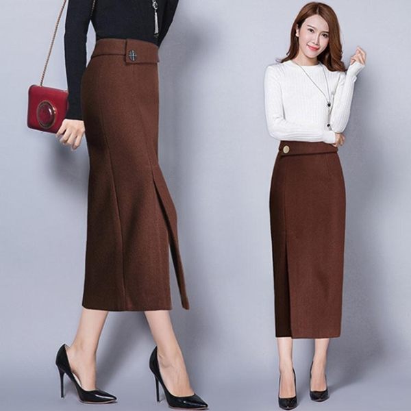 一步裙中長款包臀裙秋冬新款半身裙女開叉長裙厚高腰顯瘦毛呢裙子