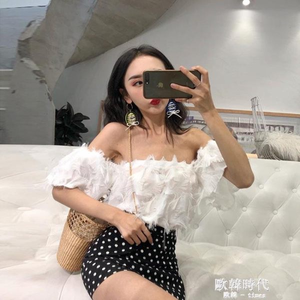 夏裝港味復古chic一字領羽毛雪紡衫氣質露肩百搭上衣女夏 歐韓時代