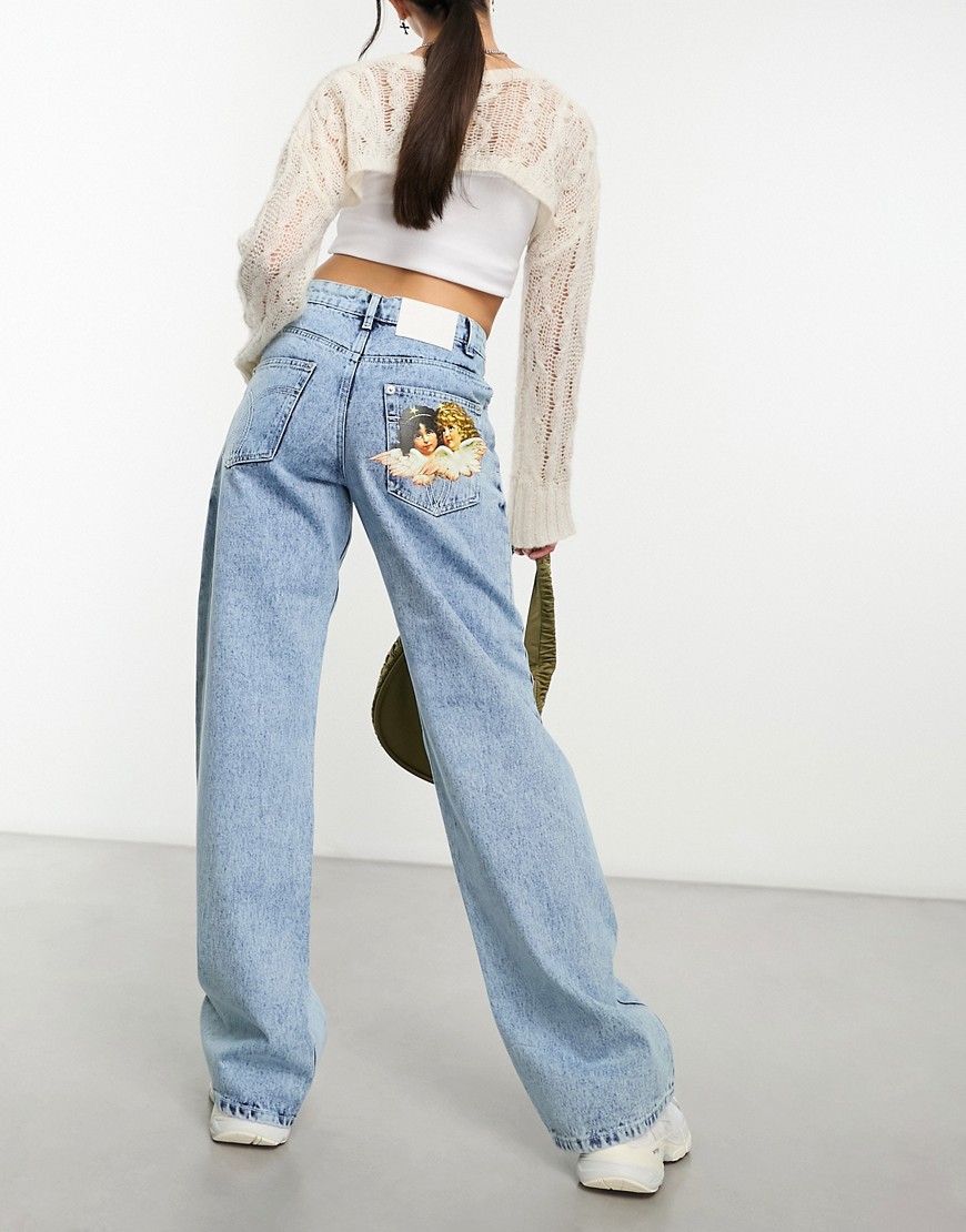 Fiorucci patti wide leg jeans with angel pocket in acid wash-Blue