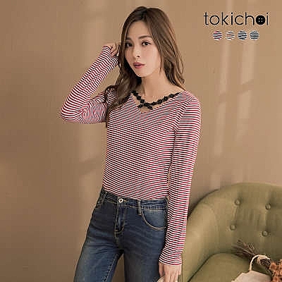 ◆ 百搭條紋彈性布料，優雅的花邊蕾絲織帶。