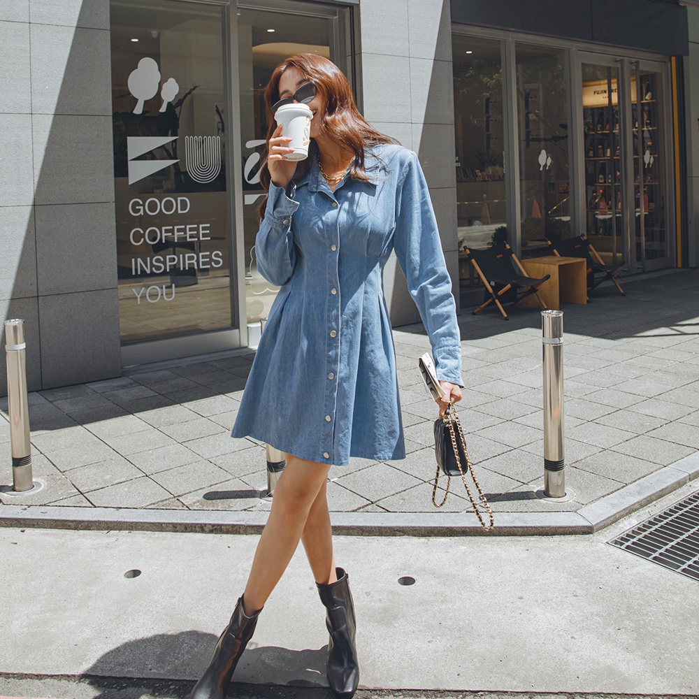 AIR SPACE LADY 排釦打褶襯衫牛仔洋裝(藍) 女裝 現貨