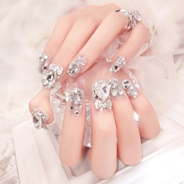 新娘婚紗婚禮攝影亮片美甲成品甲片假指甲 可拆卸穿戴手指甲貼片