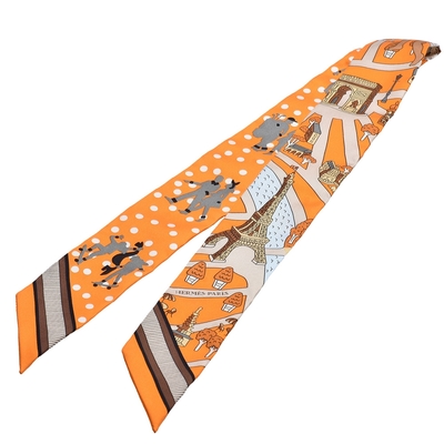 HERMES 經典巴黎鐵塔圖騰Twilly絲巾領結(橘色)