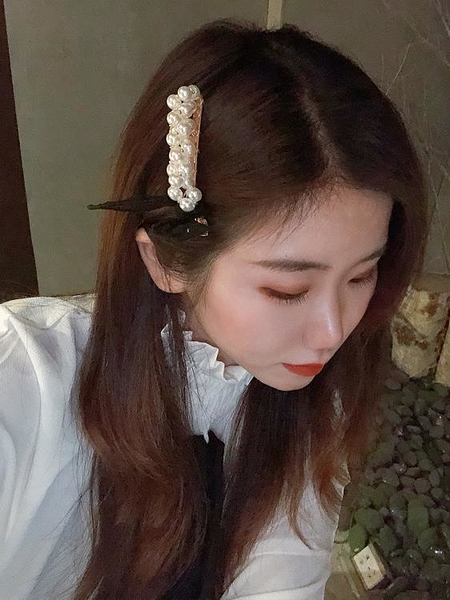 TTyrae FU~網紅少女蕾絲蝴蝶結髮夾頂夾韓國 ins氣質后腦勺珍珠邊夾劉海夾子