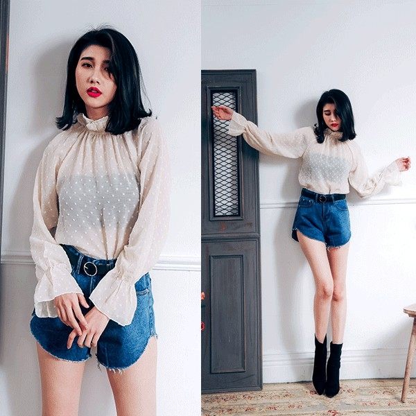 立領透視立體點點上衣【AD032130A1】THEGIRLWHO那女孩