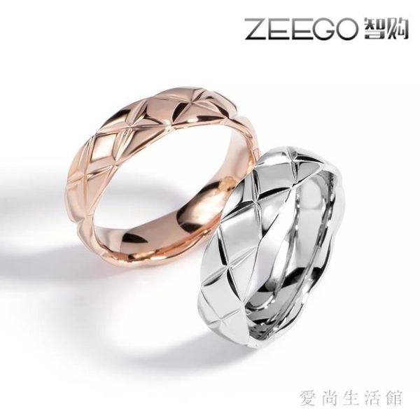 情侶對戒時尚簡約鍍玫瑰金戒指女菱形格紋食指指環潮