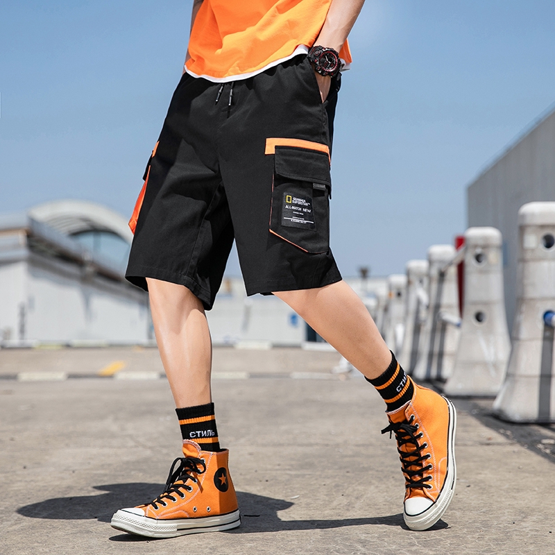 2019夏季新款ins潮流個性嘻哈直筒顯瘦工裝短褲 青少年BF原宿風大口袋裝飾寬鬆顯瘦工作短褲 正韓褲子 男生衣著