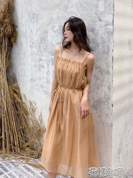 吊帶裙仙氣超仙森繫文藝復古露肩一字肩連衣裙女夏小清新紗裙子 花樣年華