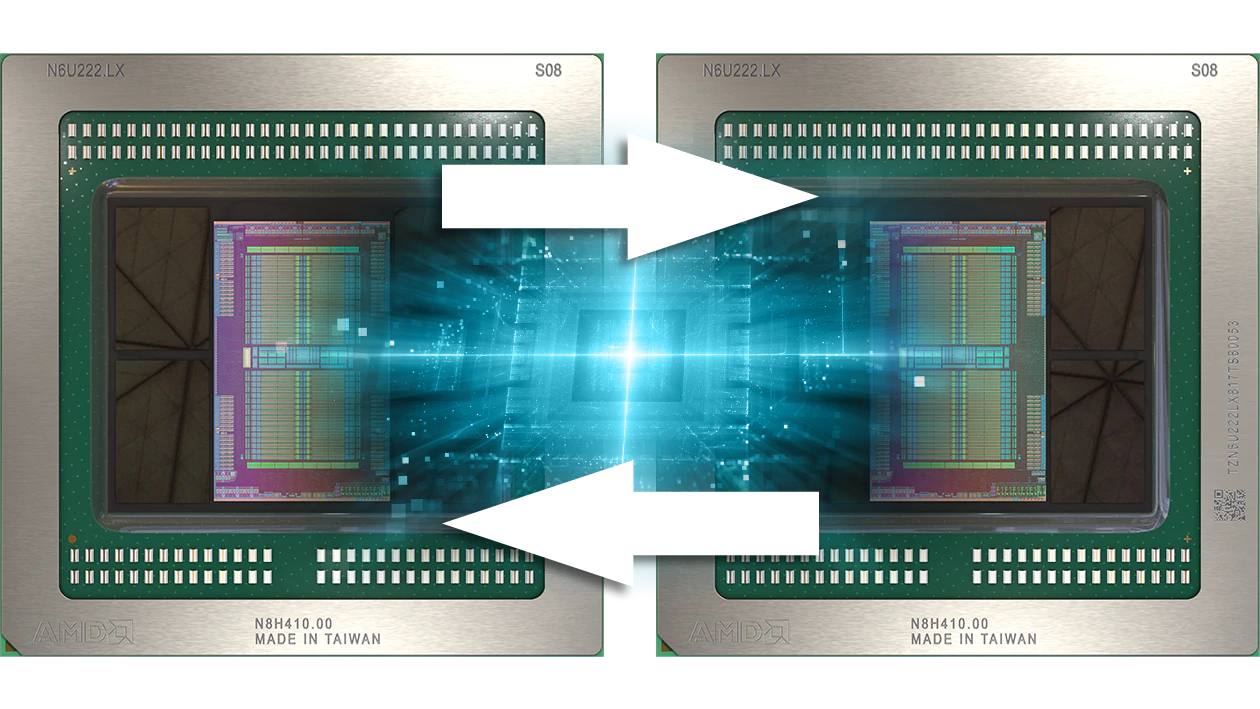 ▲ 2 個 Vega 20 GPU 可透過 Infinity Fabric 相互溝通，選用 16 條通道 21Gbps 通道規格。