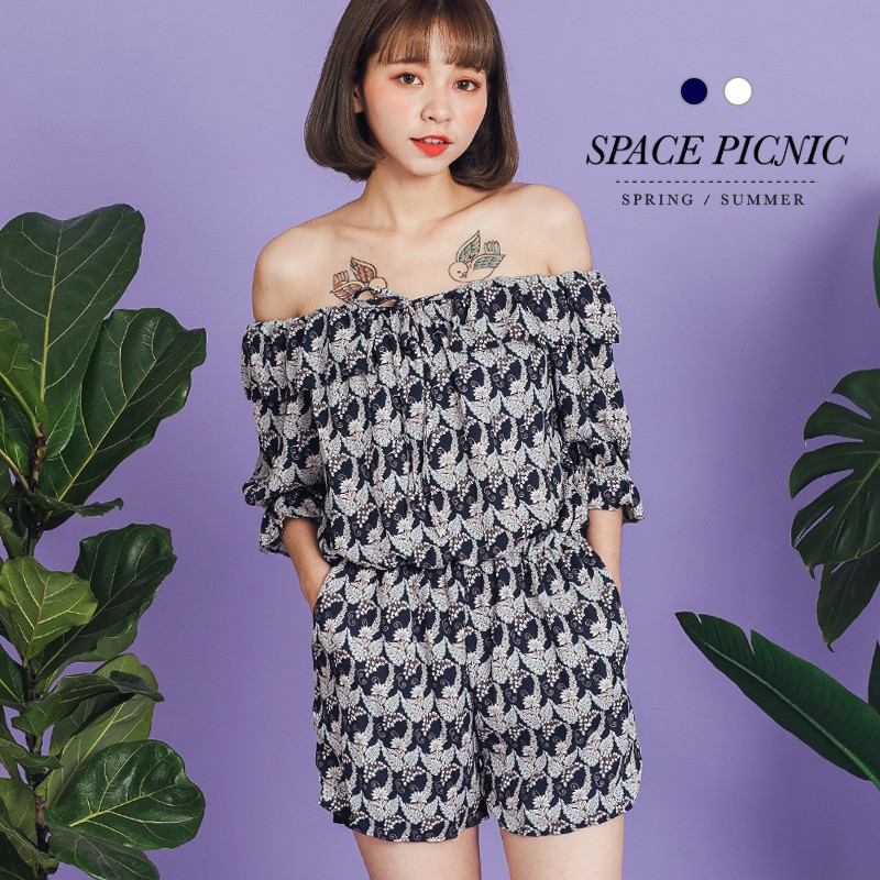 Space Picnic｜滿版花一字領領口綁帶連身短褲(現+預)【C18051008】