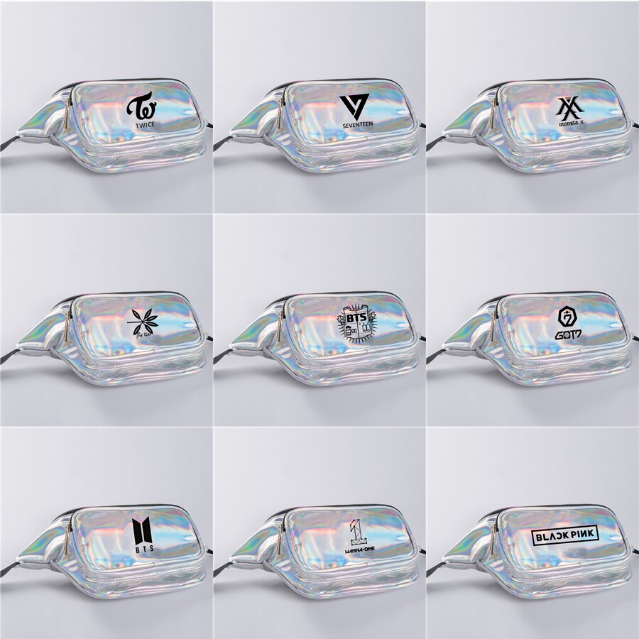 BTS BLACKPINK EXO GOT7 MONSTA X SEVENTEEN TWICE WANNA ONE 周邊 腰包 鐳射 PU 運動旅行包 收納包 SJB724