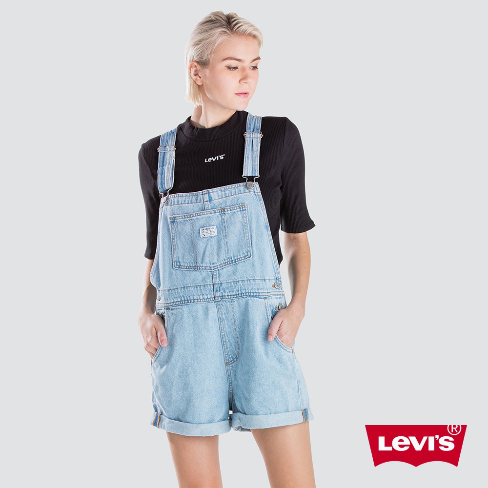 Levis 牛仔吊帶褲 / 復古高腰剪裁 / 側鈕扣開口 / 雙口袋 / 淺藍 女款 52333-0004