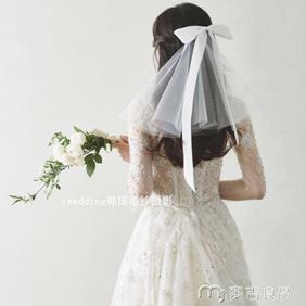 新娘頭紗森繫超仙絲帶蝴蝶結新娘頭紗結婚寫真攝影硬紗領證小頭紗
