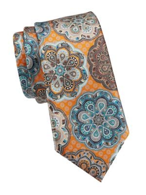 Rich in color and pattern, this medallion print tie is finished in lustrous silk fabric.; Silk; Dry 