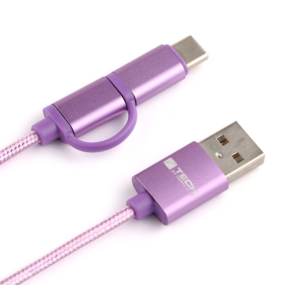 【Travel Blue】 Micro USB & Type C USB二合一傳輸線 紫色 TB988