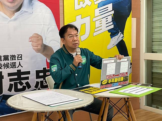 民進黨台中市立委參選人謝志忠，批評對手江啟臣家族涉炒房，半年獲利919萬。謝志忠競總提供