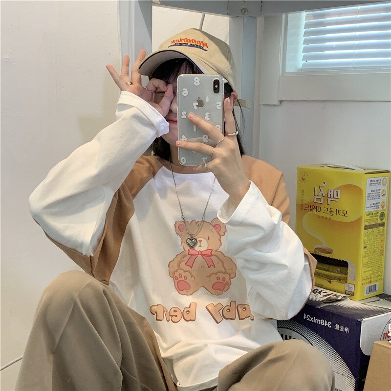 紅續原創秋裝新款撞色寬鬆oversize假兩件長袖T恤女上衣