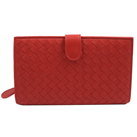 BOTTEGA VENETA 純手工小羊皮編織扣式零錢中長夾.紅