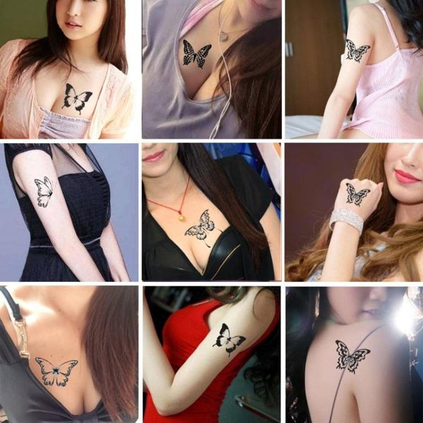 限定款刺青貼紙16張性感刺青貼防潑水女逼真黑色蝴蝶花朵刺青遮痕持久仿真正韓貼紙