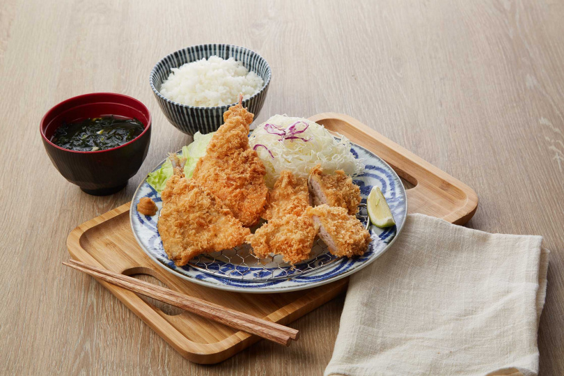 「雙魚腰內豬排」營養細緻的魚肉與香酥多汁的豬排，能補足夏天流失的體力。（圖片提供／銀座杏子日式豬排）