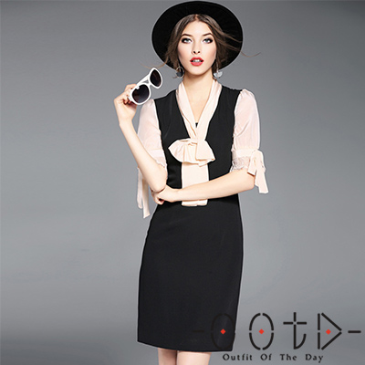 V領蝴蝶結蕾絲袖拼接洋裝 (黑色)-OOTD
