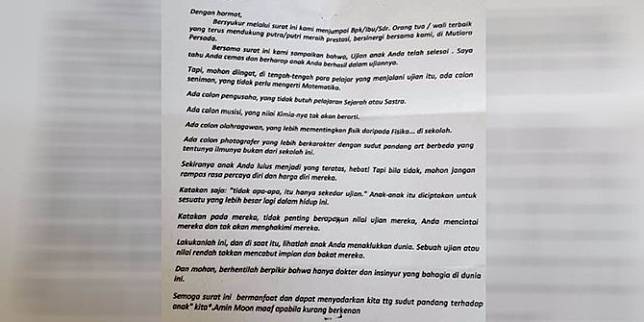 Ingatkan Nilai UN Bukan Segalanya, Kepala Sekolah Tulis Surat Cinta