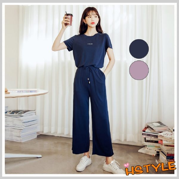 套裝 字母繫帶運動短袖九分褲套裝CQ9037-創翊韓都現貨