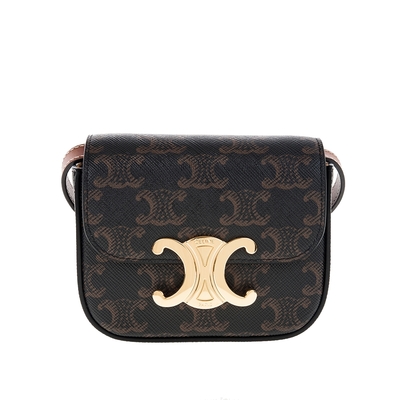 CELINE 新款TRIOMPHE金屬LOGO 帆布材質釦式迷你斜背包 (黃褐色)