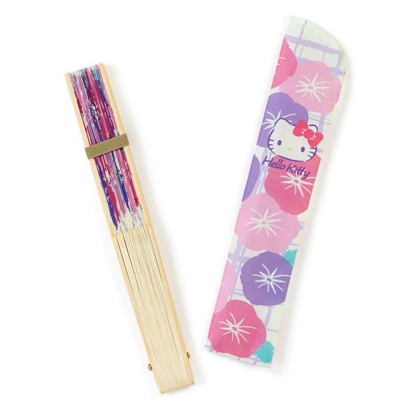 〔小禮堂〕Hello Kitty 半圓竹製折扇扇套組《粉紫》竹扇.手拿扇