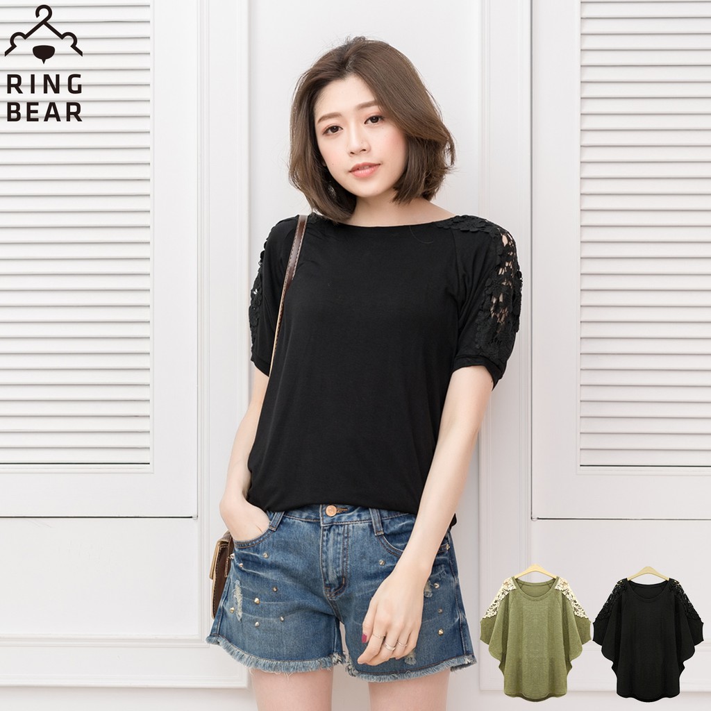 蕾絲--知性時尚蕾絲鏤空透肩設計圓領寬鬆短袖上衣(黑.綠XL-3L)-U426眼圈熊中大尺碼
