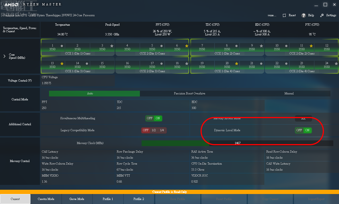 新版 Ryzen Master 軟體遇到 Ryzen Threadripper 2990WX 和 Ryzen Threadripper 2970WX，將多出 Dynamic Local Mode 並預設開啟