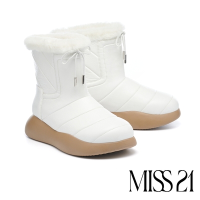 短靴 MISS 21 太空少女毛毛澎澎羊毛大頭厚底短靴－白