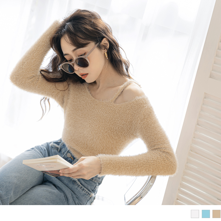 性感香肩柔軟海馬毛針織上衣
