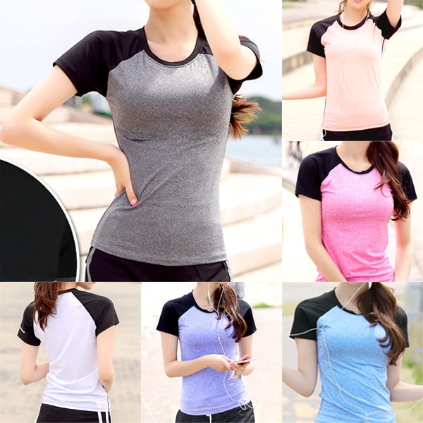 現貨-運動衣-S-3XL黑袖拼接素面款短袖運動上衣KiwiShop奇異果0717【STD7787】