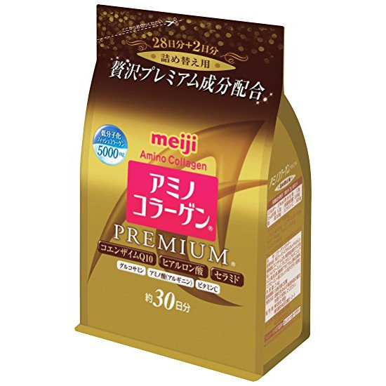 MEIJI 明治膠原蛋白粉 白金版黃金版 30天補充包 (日本公司貨平行輸入) 【成分】 魚膠原蛋白、海藻糖、麥芽糊精、Ｌ-精胺酸、維生素Ｃ、γ-環狀糊精、米胚芽抽取物、輔酵素Q10、黏稠劑(辛烯基丁