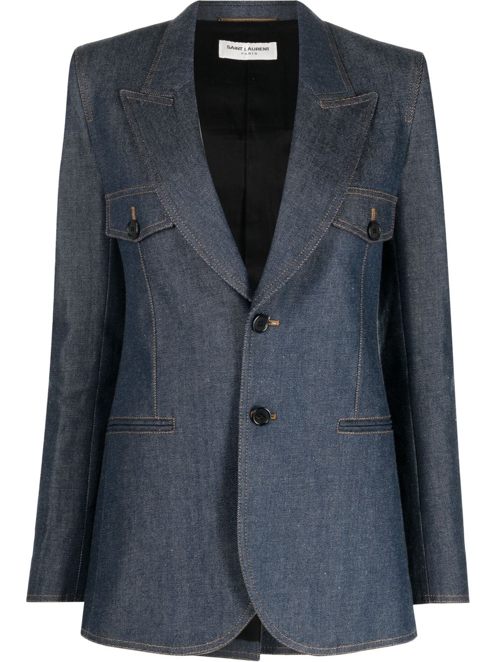 Saint Laurent - single-breasted denim blazer - women - CottonSilk/Spandex/Elastane/Cotton - 34 - Blue