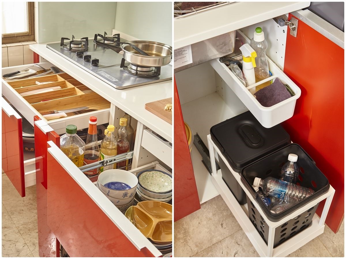 運用家具櫃體：METOD 廚櫃組合、VARIERA 垃圾分類桶NT.$249元、GRUNDTAL 壁掛桿NT.$279元、VARIERA 刀叉收納盤NT.$999元。