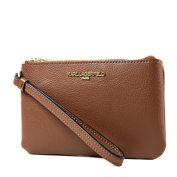 美國正品 KARL LAGERFELD 荔枝紋防刮皮革拉鍊手拿包-焦糖色【現貨】