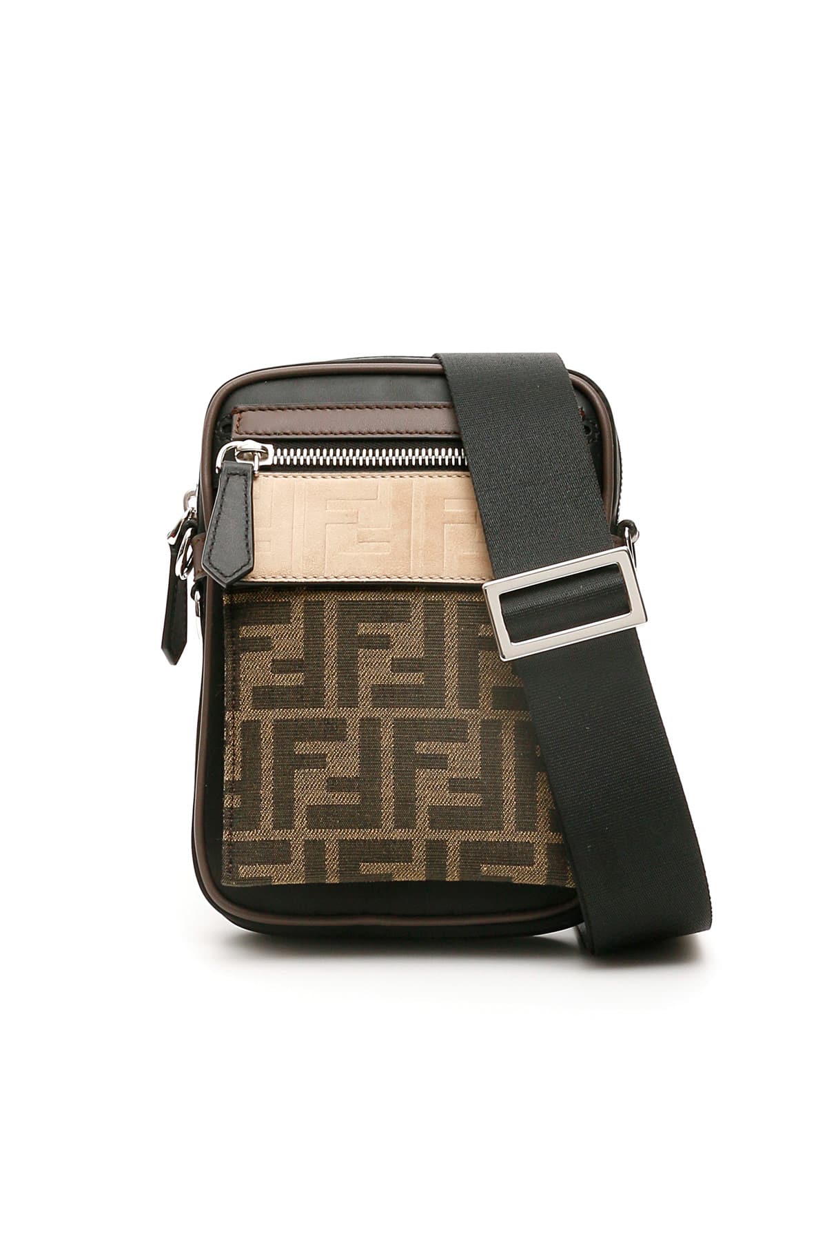 Fendi nylon mini bag with contrasting leather piping, equipped with a detachable front pouch in FF j