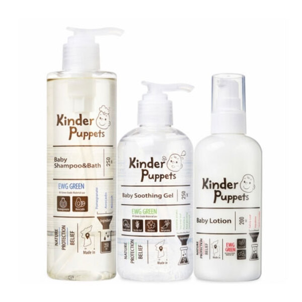 品牌：Kinder Puppets 產品：守護寶貝-清爽組合 產地：韓國 容量：洗髮沐浴二合一凝露250ml×1 + 嬰兒舒緩凝膠250ml×1 + 嬰兒潤膚乳液200ml×1 【注意事項】 1.傷口