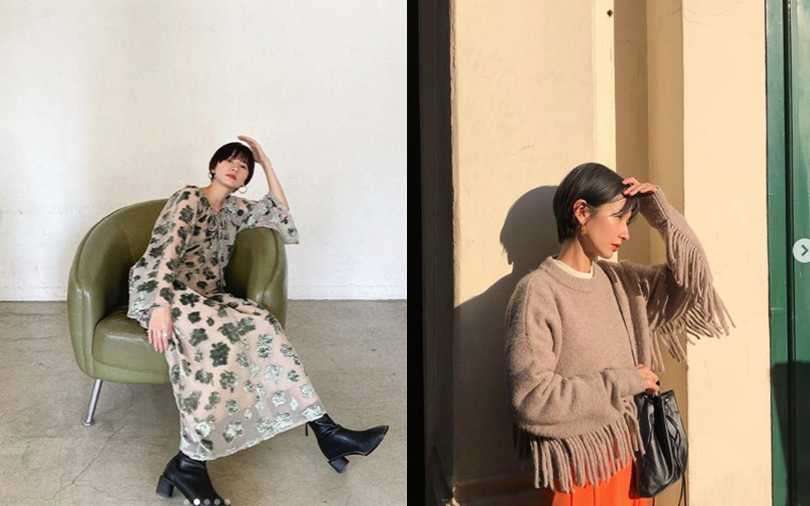紗跟絨面的異材質拼接印花洋裝、大地色袖口流蘇裝飾毛衣，中性混甜美的浮誇單品能讓穿搭質感升級。（圖／ena1123 IG）