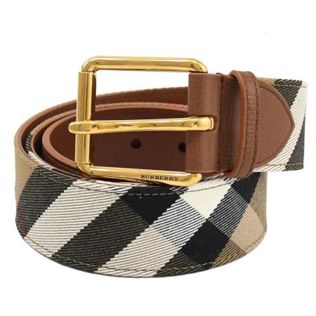 BURBERRY 8052904 經典格紋帆布拼接寬版穿扣式皮帶.咖