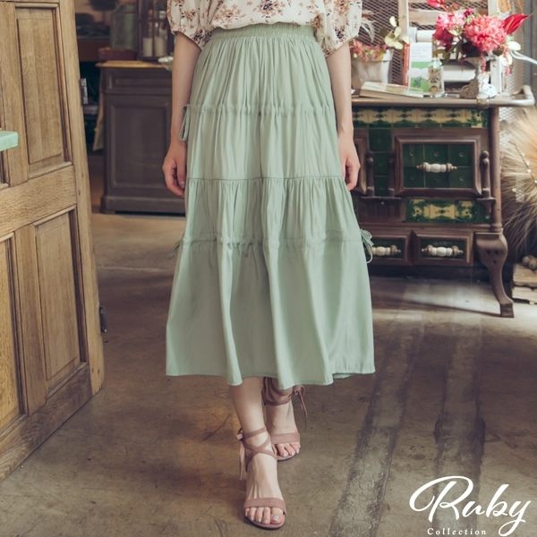 裙子 RCha。素色抽繩綁帶鬆緊長裙-Ruby s 露比午茶