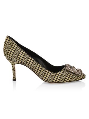 Stunning geometric print pumps with Manolo's signature crystal-encrusted buckle at the toe.; Silk/ny