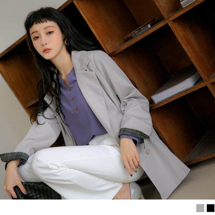 寬鬆OVERSIZE翻領格紋反褶長袖西裝外套