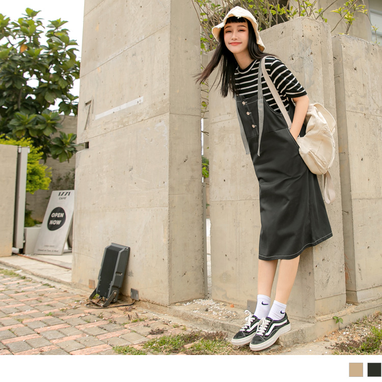 度假精選穿搭推薦4. 純棉不對稱排釦開衩配色吊帶裙