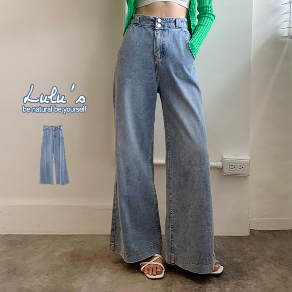 【特價】LULUS-D二釦後鬆緊刷色牛仔長褲S-L-淺藍 【04190120】